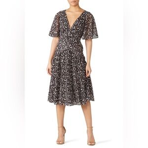 Stevie May Anise Dress Midi Black Chiffon Floral V-Neck Flutter Sleeve Med $299
